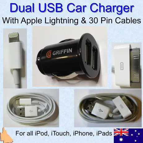 Dual Car Charger with 2 Apple Lightning Charging Cables