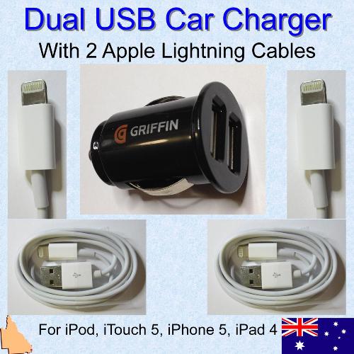 Dual Car Charger with 2 Apple Lightning Charging Cables