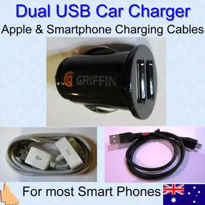 Dual Car Charger with Apple and Micro USB Smartphone Charging Cables